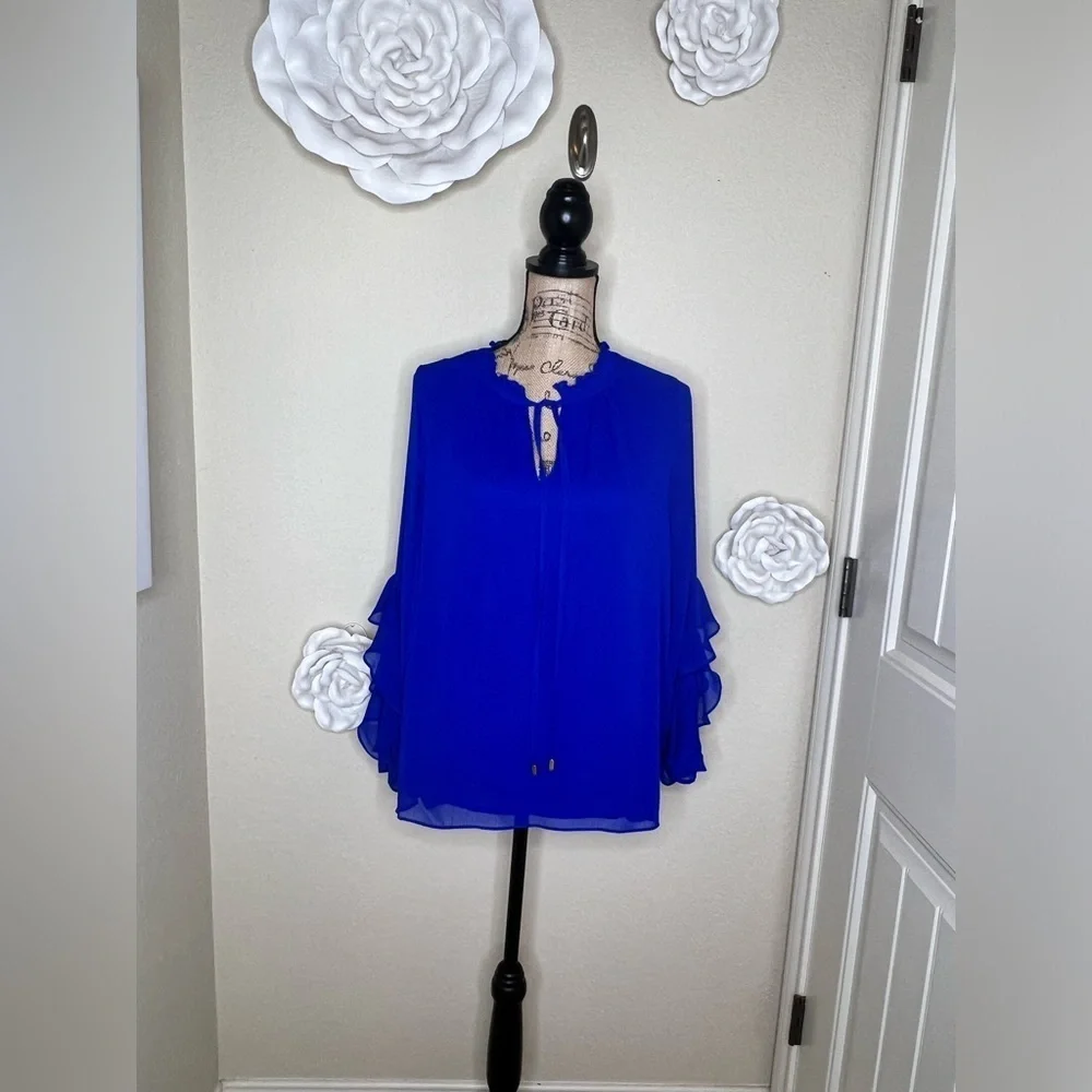 Gibson Latimer Ruffled Sheer Overlay Bell Sleeves Royal Blue Blouse Size M